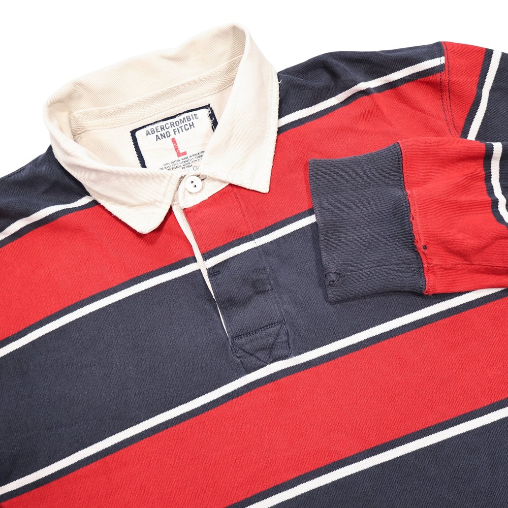 ABERCROMBIE AND FITCH Men's L Red Navy Striped Y2K Long Sleeve Rugby Polo Shirt